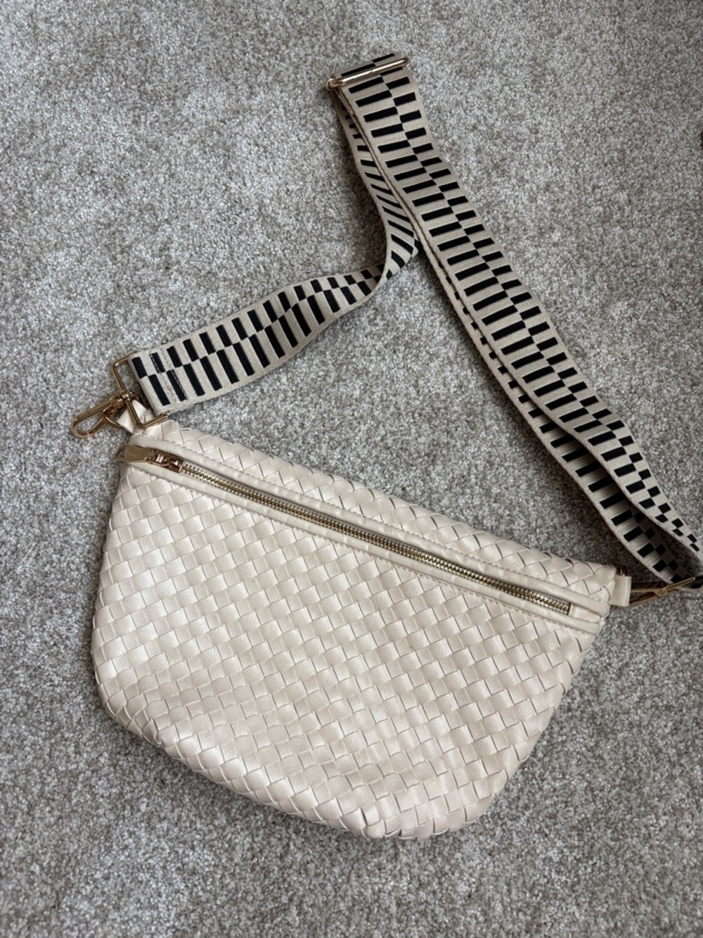 Woven Cream Crossbody Belt Bag with Striped Strap